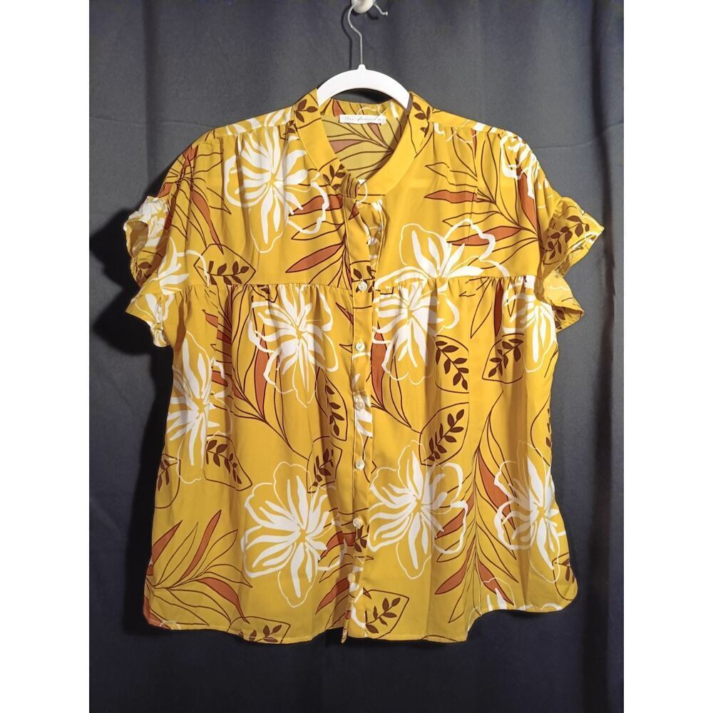 Ces Femme Medium Mustard Yellow Floral Flowy Button Up Summer Vacation